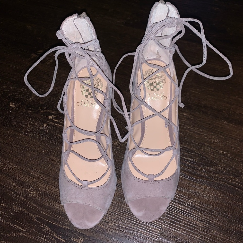 Taupe suede Vince Camuto Sandria strappy heels